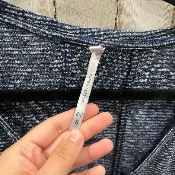 Karen Millen Blue Stripe Studded Tee Womens Size 8 Mixed Media Linen - Picture 2 of 6